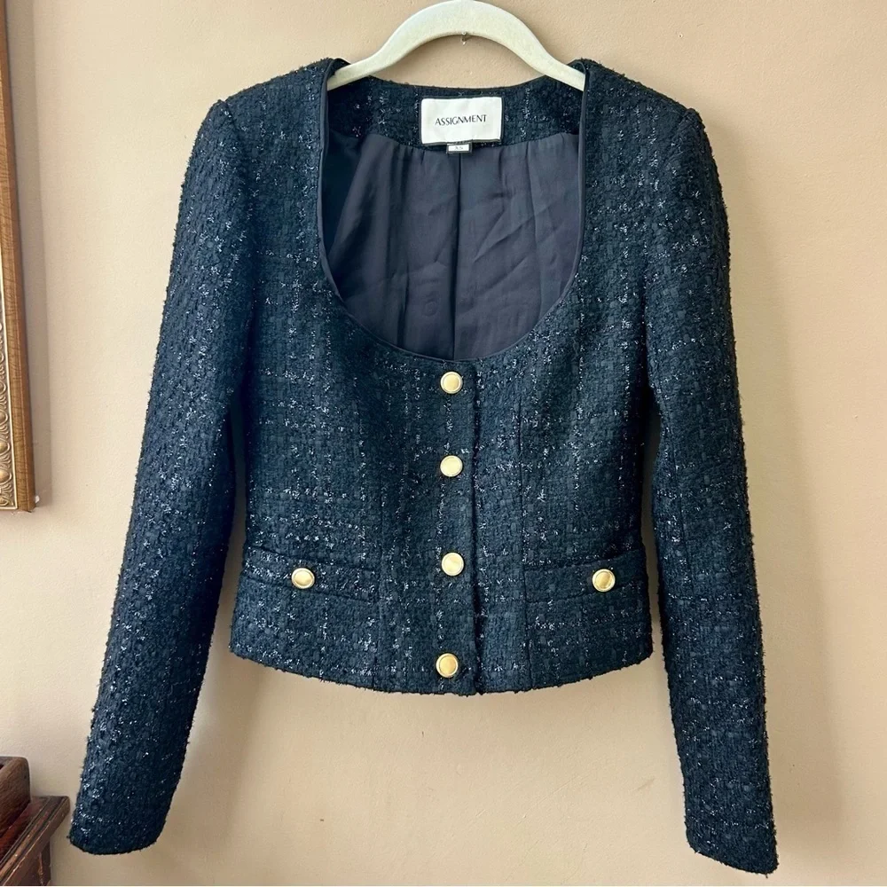 Revolve Assignment Bianca Jacket in Black Tweed Revolve Square Neck Size XS NWOT